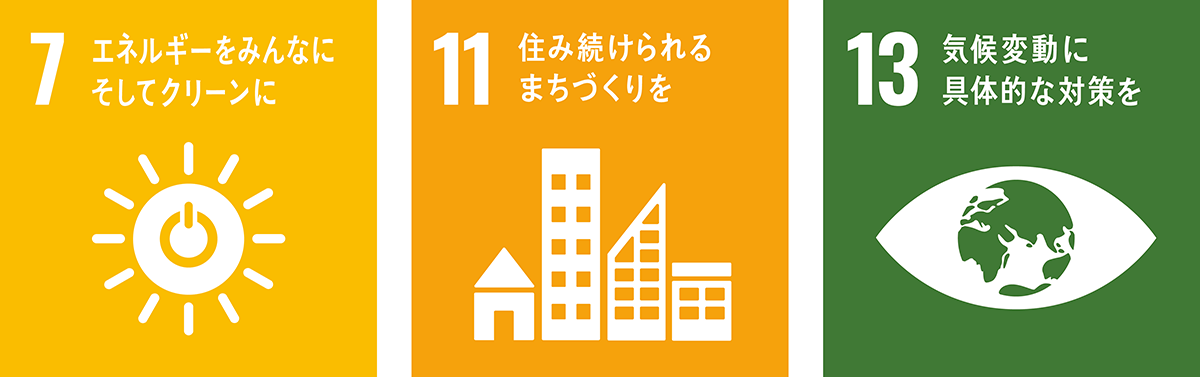 「7 エネルギーをみんなにそしてクリーンに」「11 住み続けられるまちづくりを」「13 聞こう変動に具体的な対策を」のSDGs目標アイコン画像