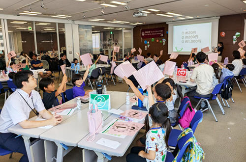 子ども達がお金にまつわるクイズに参加をしている様子