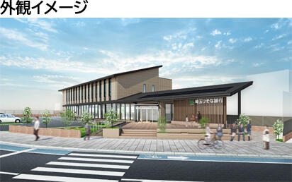 新店舗の外観イメージ テラスデッキを備えた2階建ての建物です