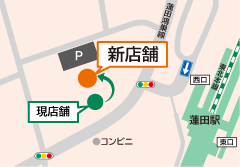 新店舗の位置を示す地図 現店舗の北側にあります