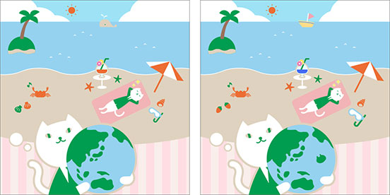 りそにゃが地球儀を持ちながら、南の島でのんびりと過ごす想像をしているイラスト