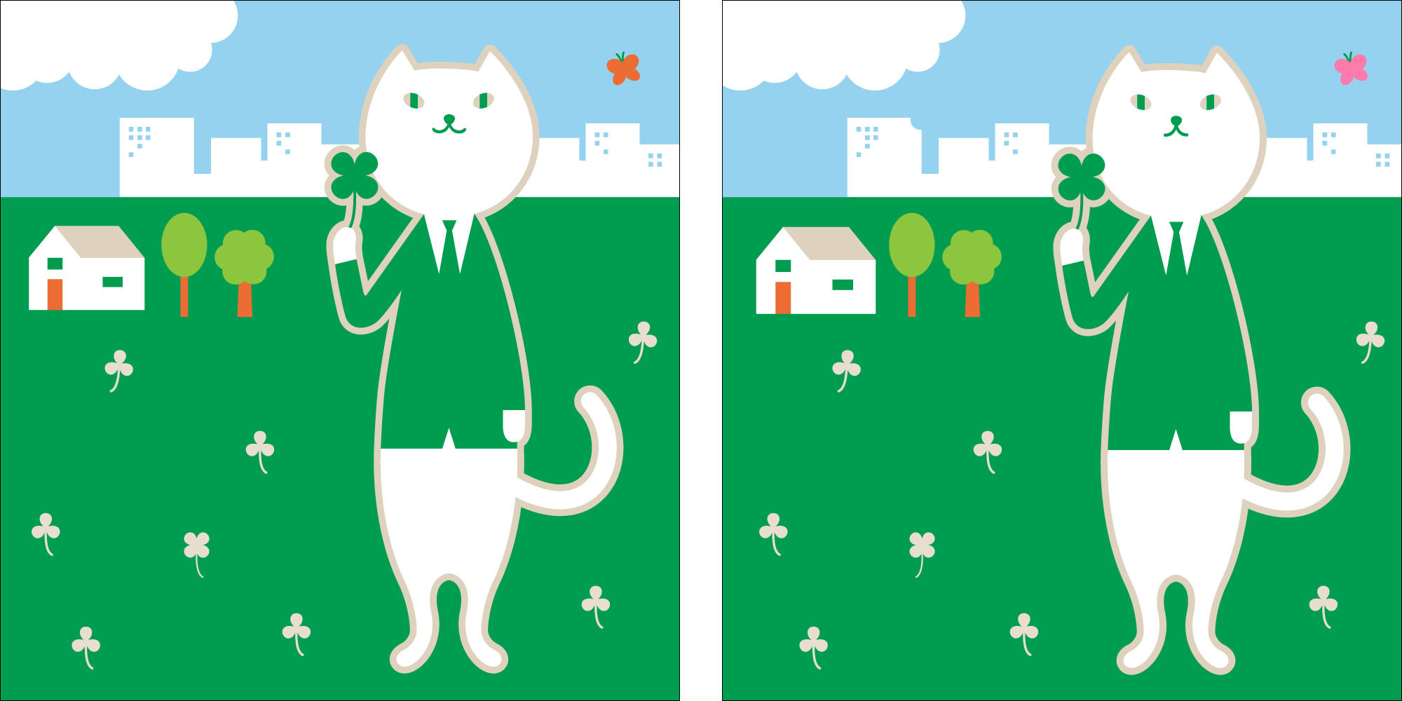 たくさんのクローバーの中で、りそにゃが四葉のクローバーを持って立っているイラスト