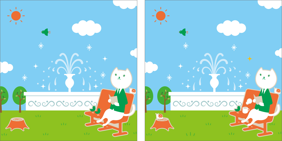 噴水がある公園で、ベンチに座ったりそにゃが読書しているイラスト