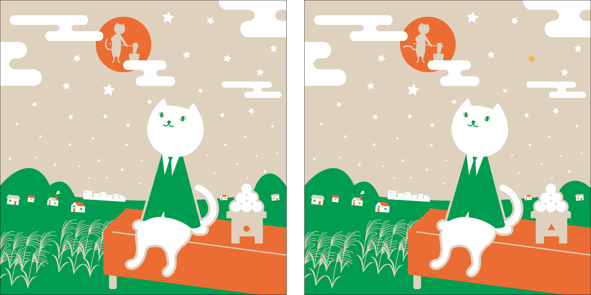 月見団子が飾られた縁台に座ったりそにゃが、お月見をしているイラスト