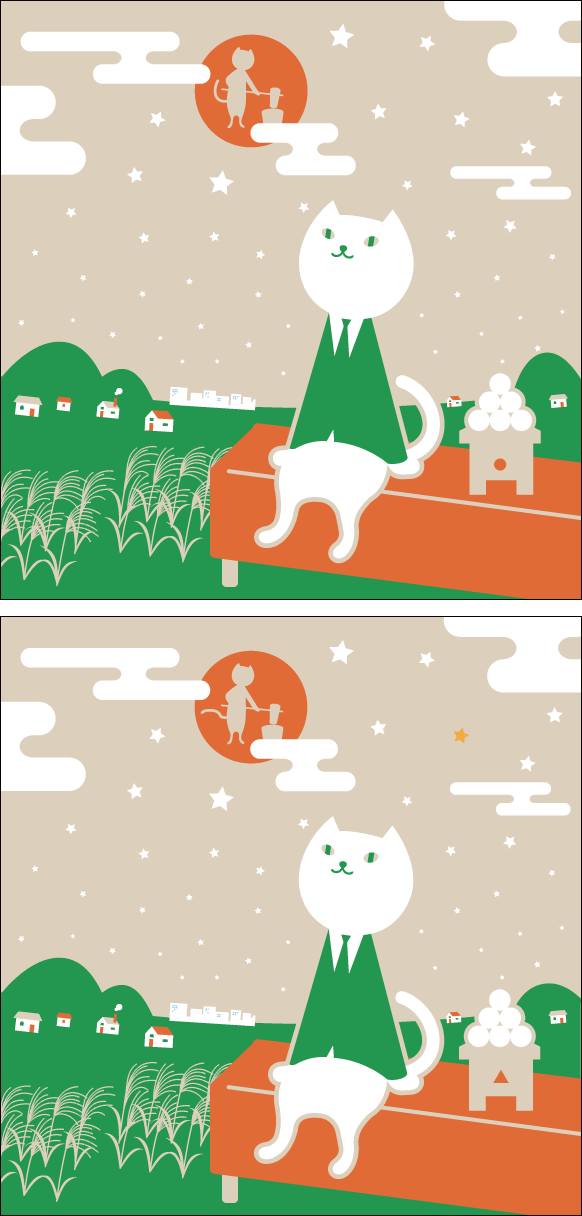 月見団子が飾られた縁台に座ったりそにゃが、お月見をしているイラスト