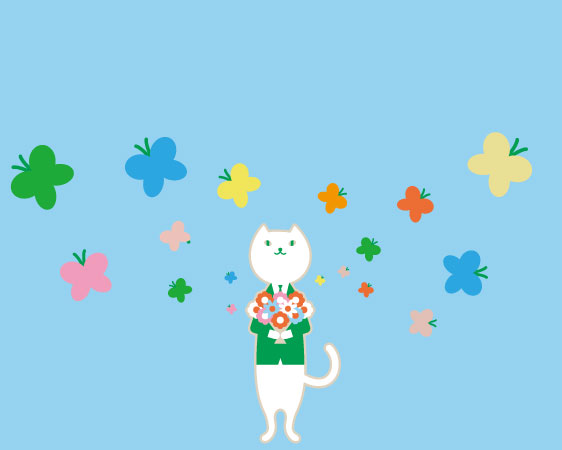 花束を持ったりそにゃのまわりをカラフルなたくさんの蝶々が飛んでいる壁紙