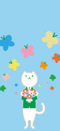 花束を持ったりそにゃのまわりをカラフルなたくさんの蝶々が飛んでいる壁紙