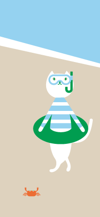 水着を着て浮き輪を持ったりそにゃが砂浜を歩いているイラスト