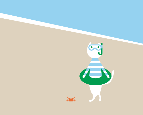 水着を着て浮き輪を持ったりそにゃが砂浜を歩いているイラスト